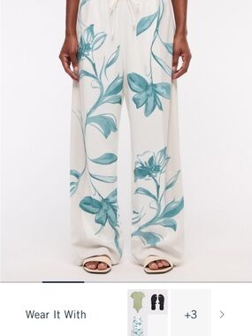 Abercrombie & Fitch Teal & cream leaf Floral border print Wide Leg Pants